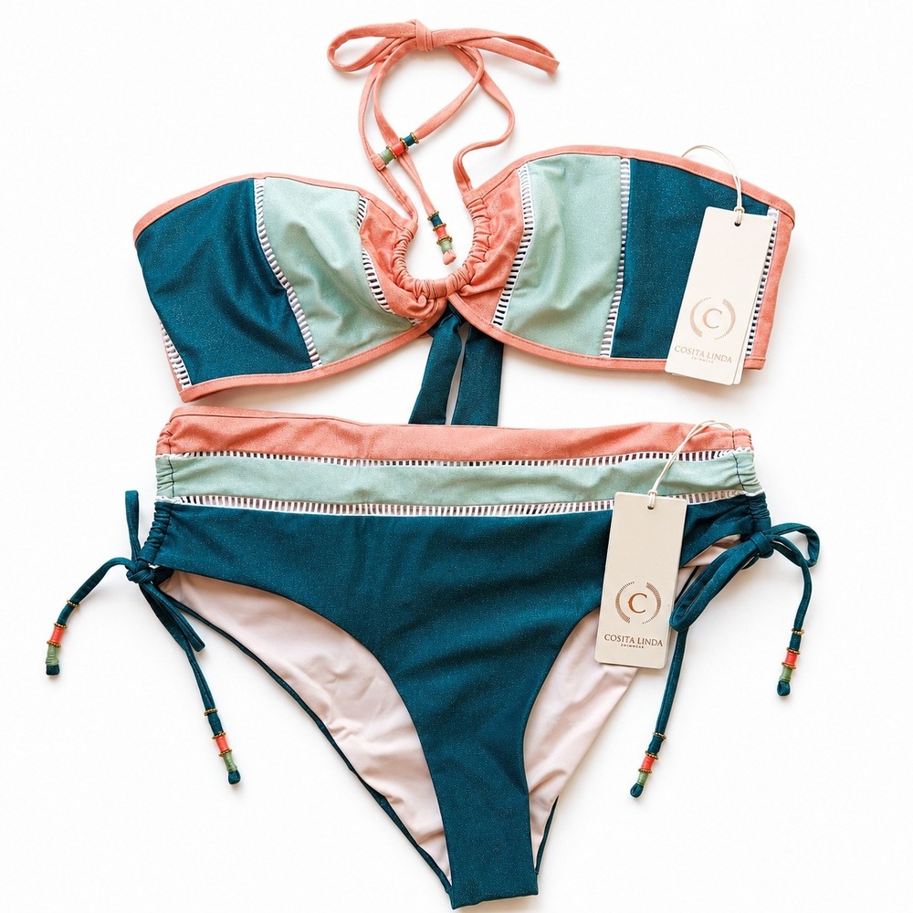 Cosita Linda Verde AQ Metallic Colorblock Bikini Set High Waist Teal Coral XL